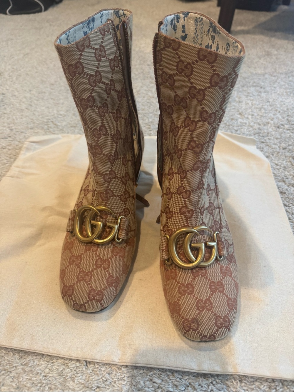 Gucci GG Canvas Mid-Calf Logo Boots in Beige/Brown